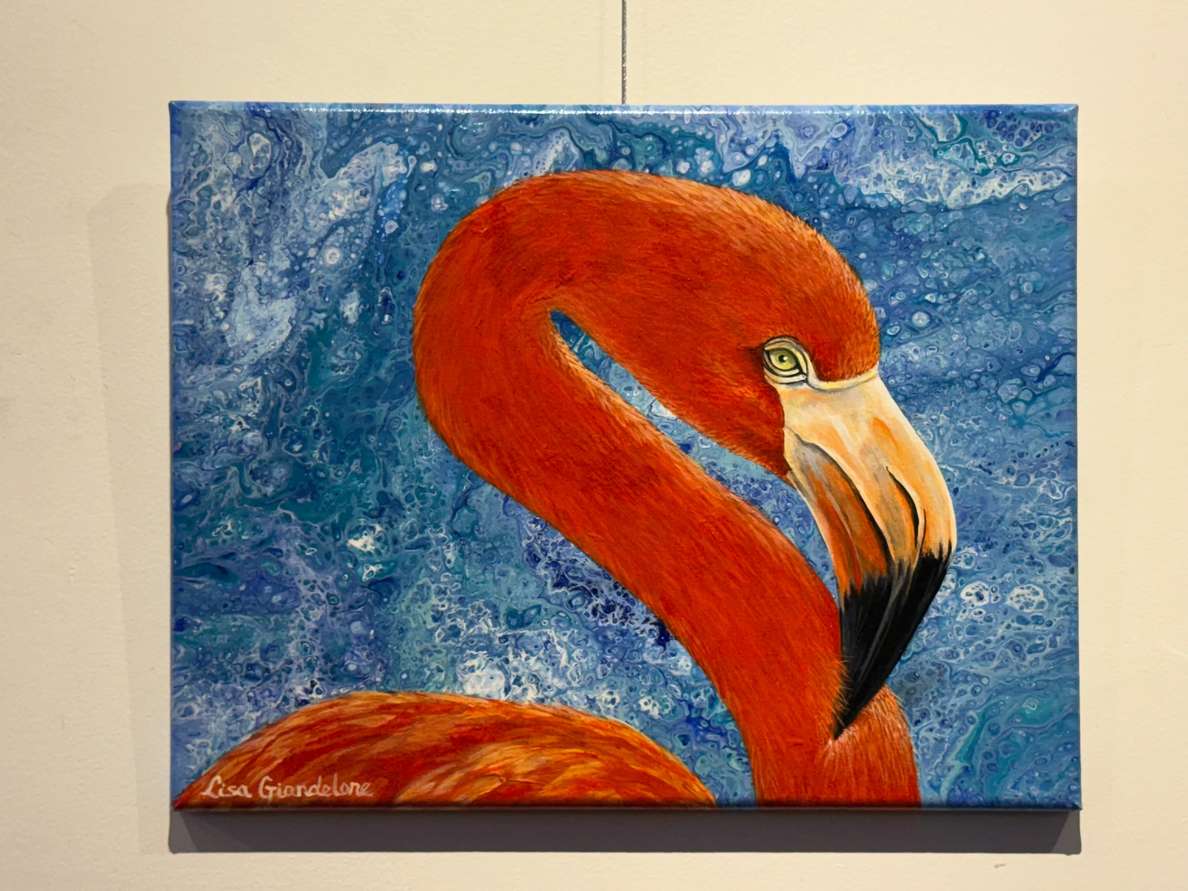 Flamingo — Oil Painting with Acrylic Background by Lisa Giandelone