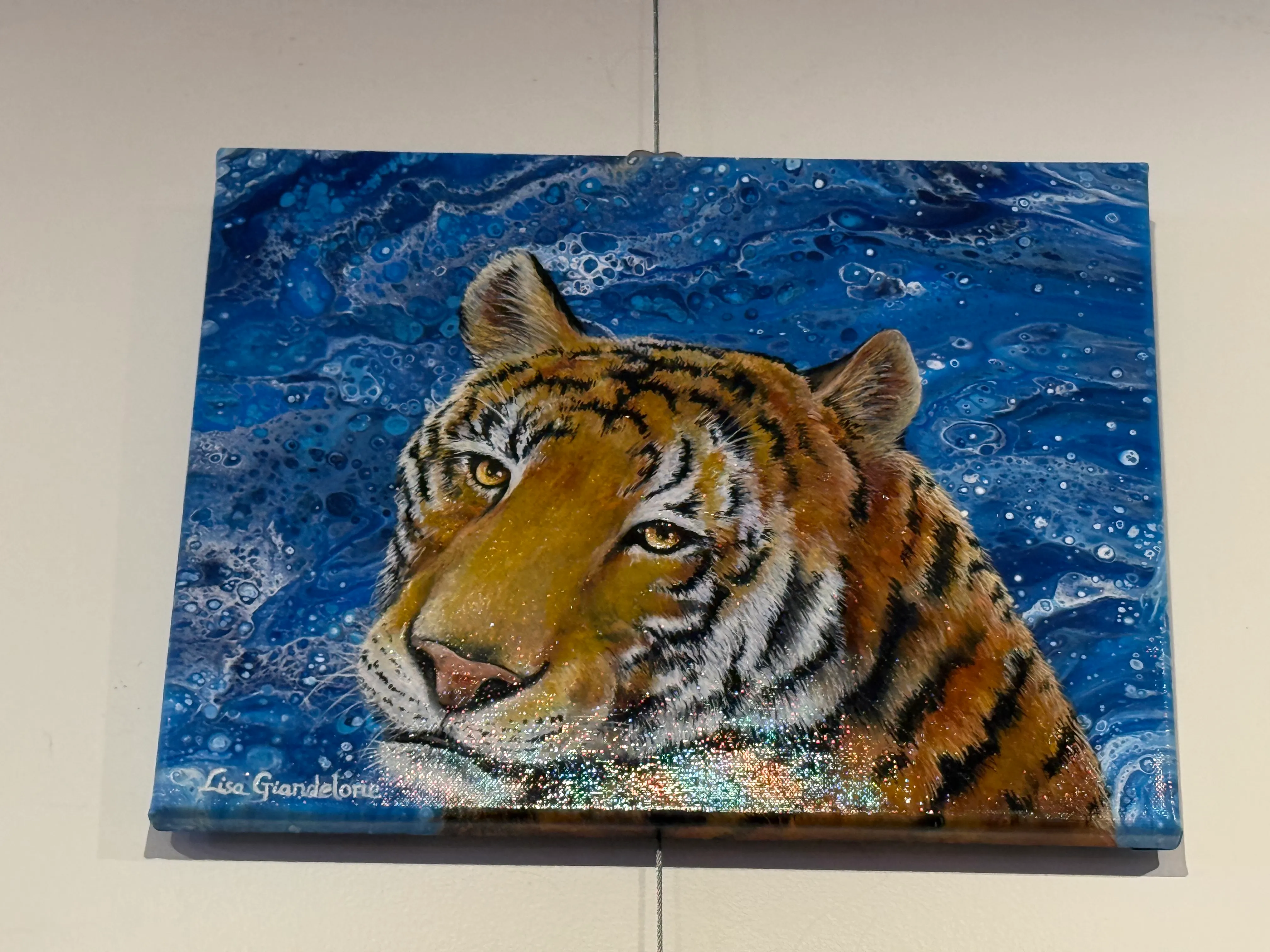 Tiger in Water — Oil Painting with Acrylic Background by Lisa Giandelone